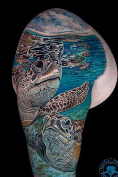 Realistic 3D see turtle Tattoo